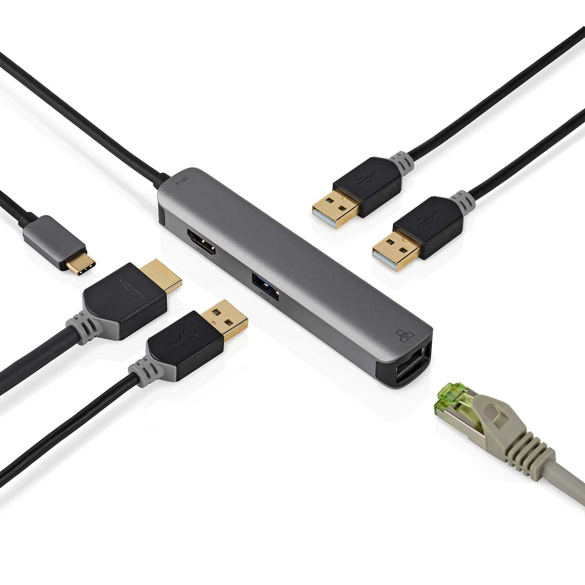 USB Multi-Port Adapter | USB 3.2 Gen 1 | USB-C™ Male | HDMI™ Female / RJ45 Female / 3x USB-A Female | 5 Gbps | 0.20 m | Round | Gold Plated | PVC | Anthracite | Box
