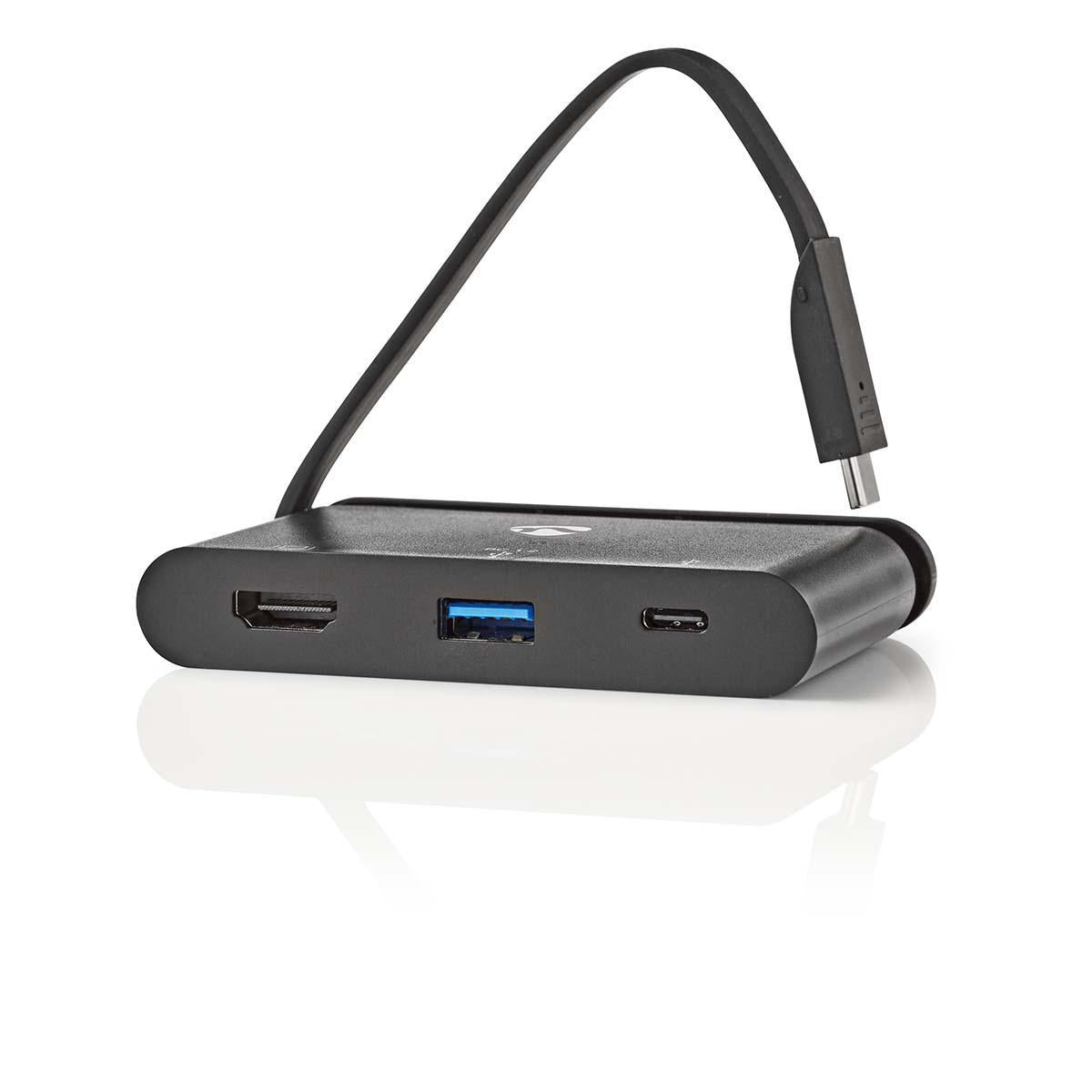 USB Multi-Port Adapter | USB 3.2 Gen 1 | USB-C™ Male | HDMI™ Female / USB-A Female / USB-C™ Female | Round | Nickel Plated | Black | Window Box with Euro Lock