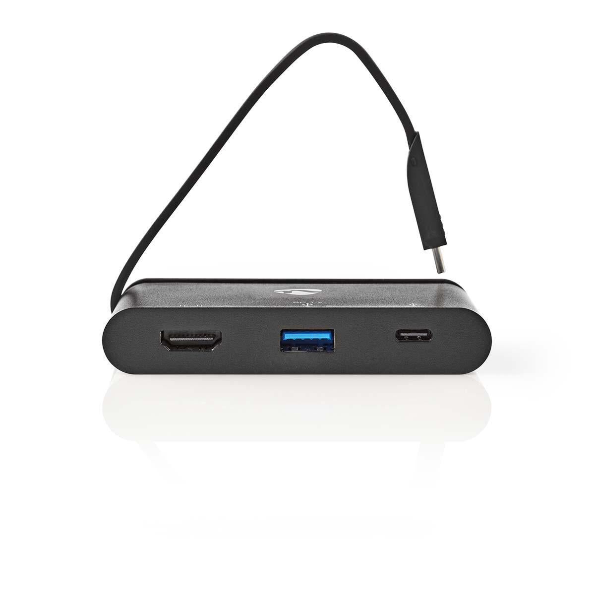 USB Multi-Port Adapter | USB 3.2 Gen 1 | USB-C™ Male | HDMI™ Female / USB-A Female / USB-C™ Female | Round | Nickel Plated | Black | Window Box with Euro Lock