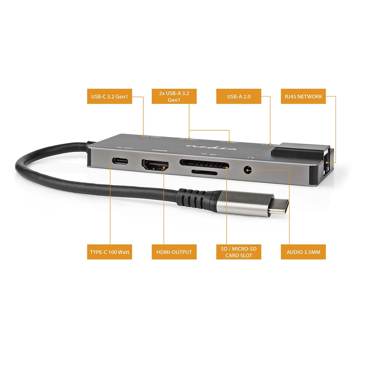 USB Multi-Port Adapter | USB 3.2 Gen 1 | USB-C™ Male | HDMI™ Output / RJ45 Female / SD / 2x USB-C™ / 3.5 mm Female / 3x USB-A Female | 5 Gbps | 0.20 m | Round | Gold Plated | PVC | Anthracite | Box