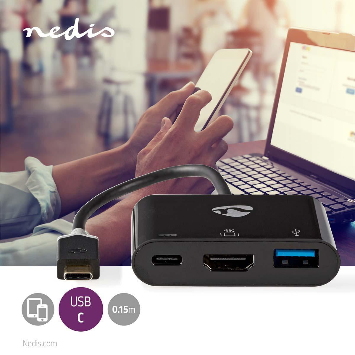 USB Multi-Port Adapter | USB 3.2 Gen 1 | USB-C™ Male | HDMI™ Output / USB-A Female / USB-C™ Female | 5 Gbps | 0.20 m | Round | Gold Plated | PVC | Anthracite | Cardboard box with window