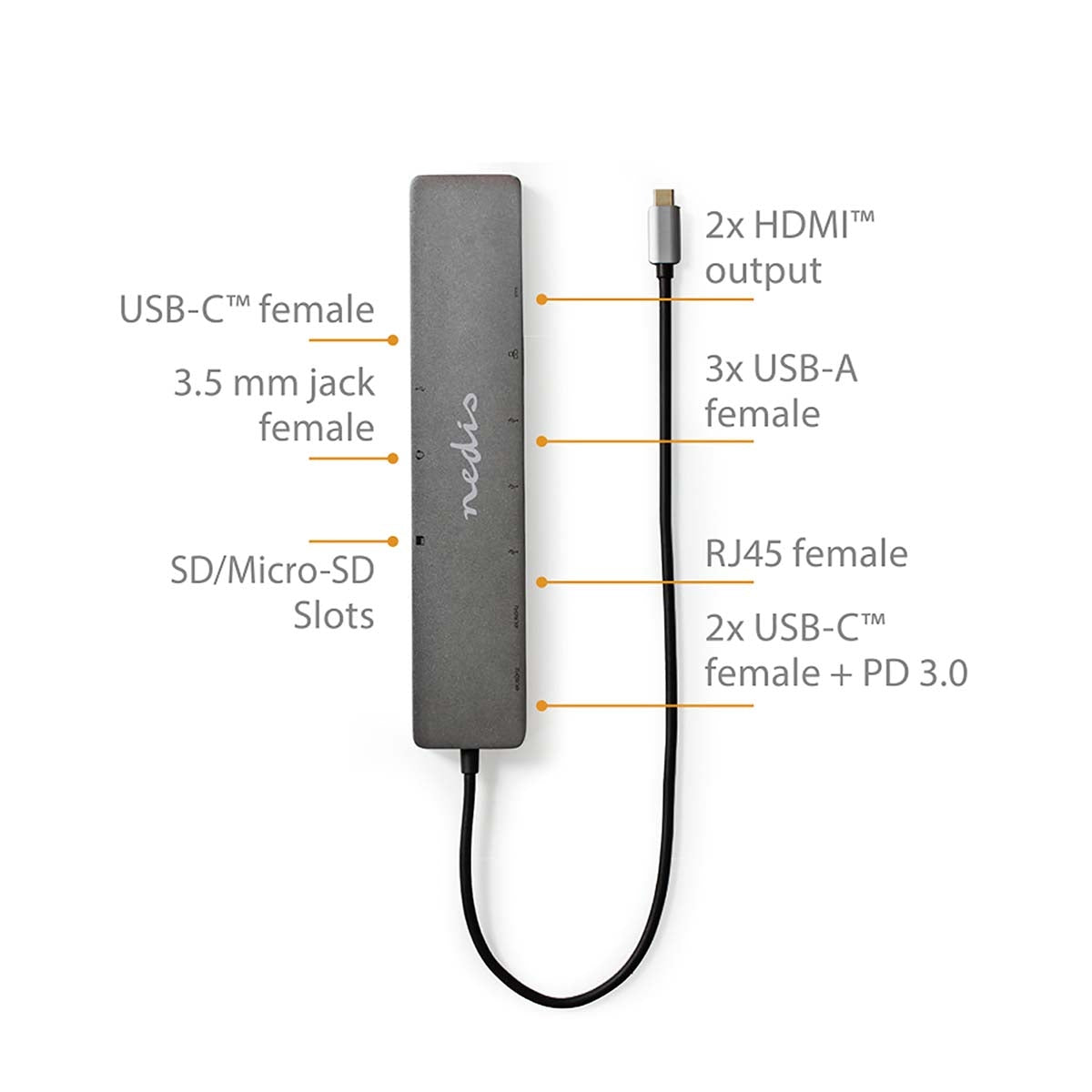 USB Multi-Port Adapter | USB 3.2 Gen 1 | USB-C™ Male | Micro SD / RJ45 Female / SD / 2x HDMI™ / 2x USB-C™ / 3x USB-A Female | 0.40 m | Round | Gold Plated | TPE | Anthracite | Box