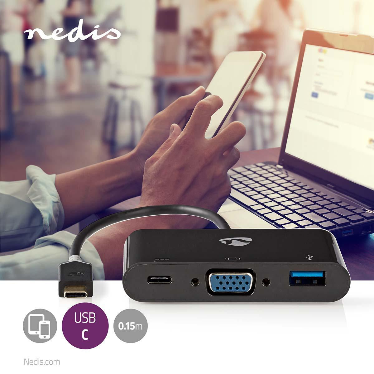 USB Multi-Port Adapter | USB 3.2 Gen 1 | USB-C™ Male | USB-A Female / USB-C™ Female / VGA Female 15p | 0.20 m | Round | Gold Plated | PVC | Anthracite | Cardboard box with window