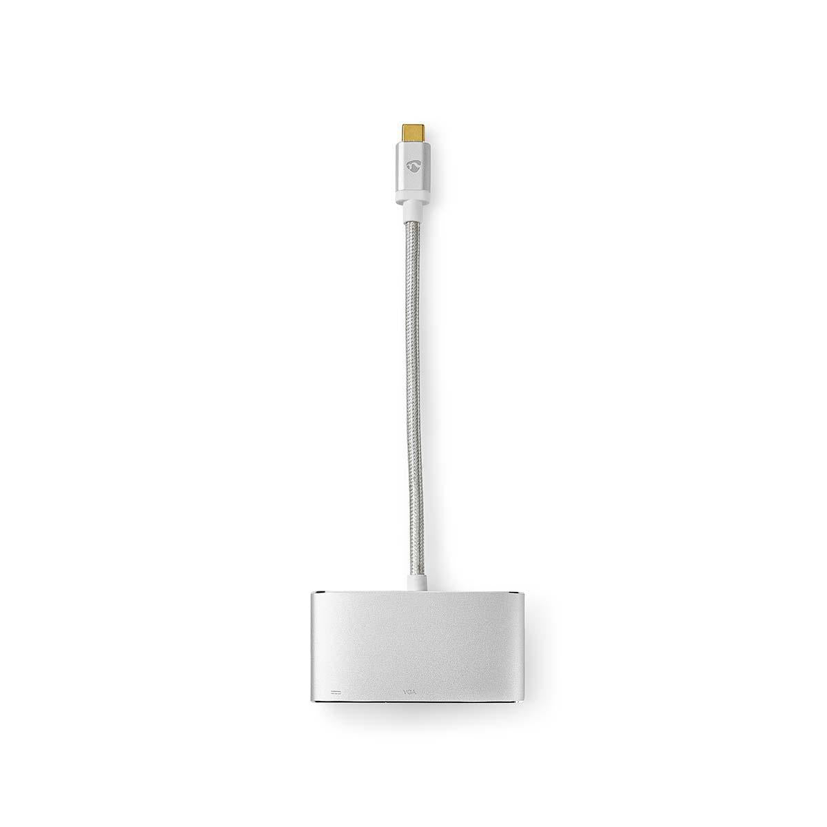 USB Multi-Port Adapter | USB 3.2 Gen 1 | USB-C™ Male | USB-A Female / USB-C™ Female / VGA Female 15p | 5 Gbps | 0.20 m | Round | Gold Plated | Braided / Nylon | Silver | Carton with covered window