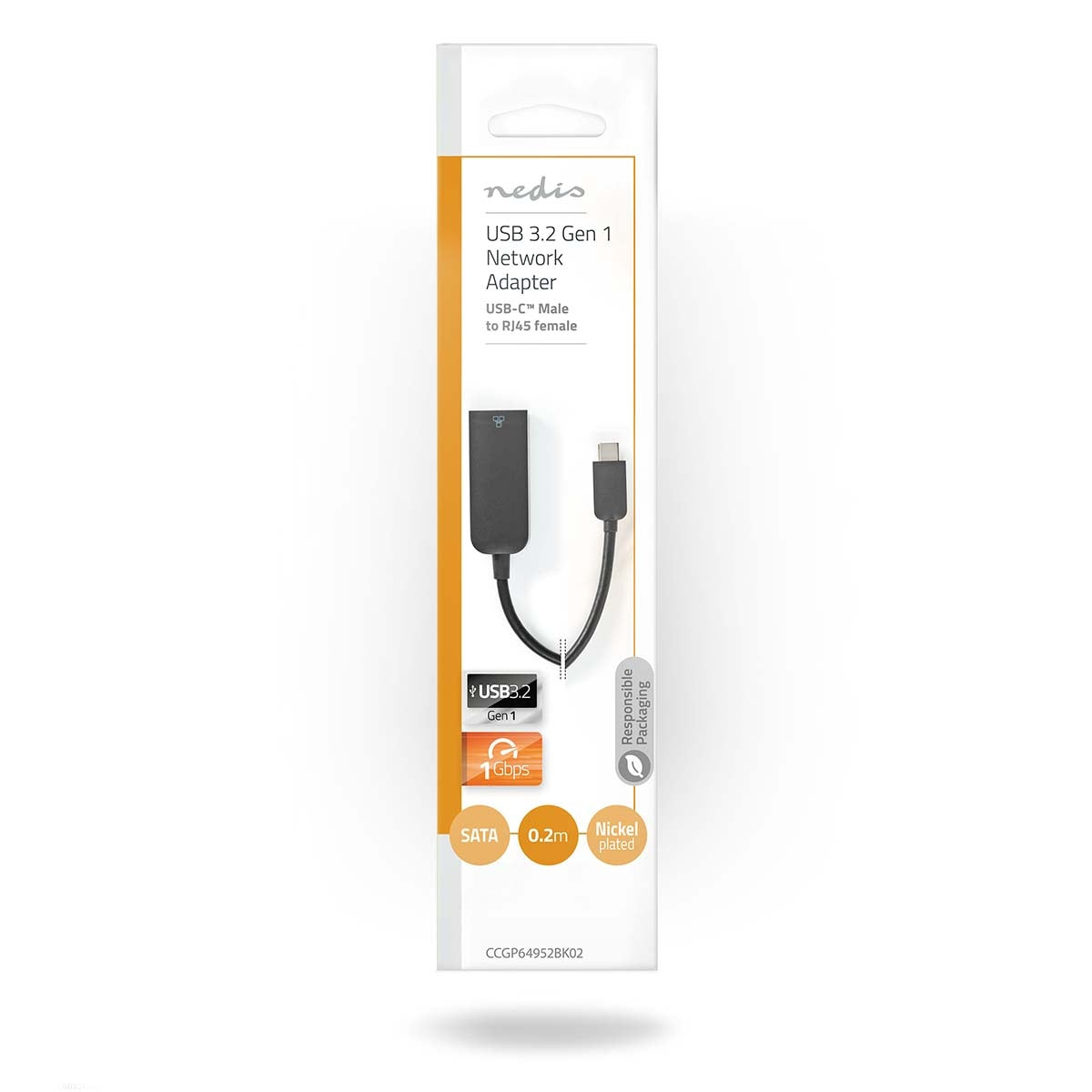 USB Network Card | USB 3.2 Gen 1 | 1000 Mbps | USB-C™ Male | RJ45 Female | 0.20 m | Round | Nickel Plated | Tinned Copper | Black | Envelope
