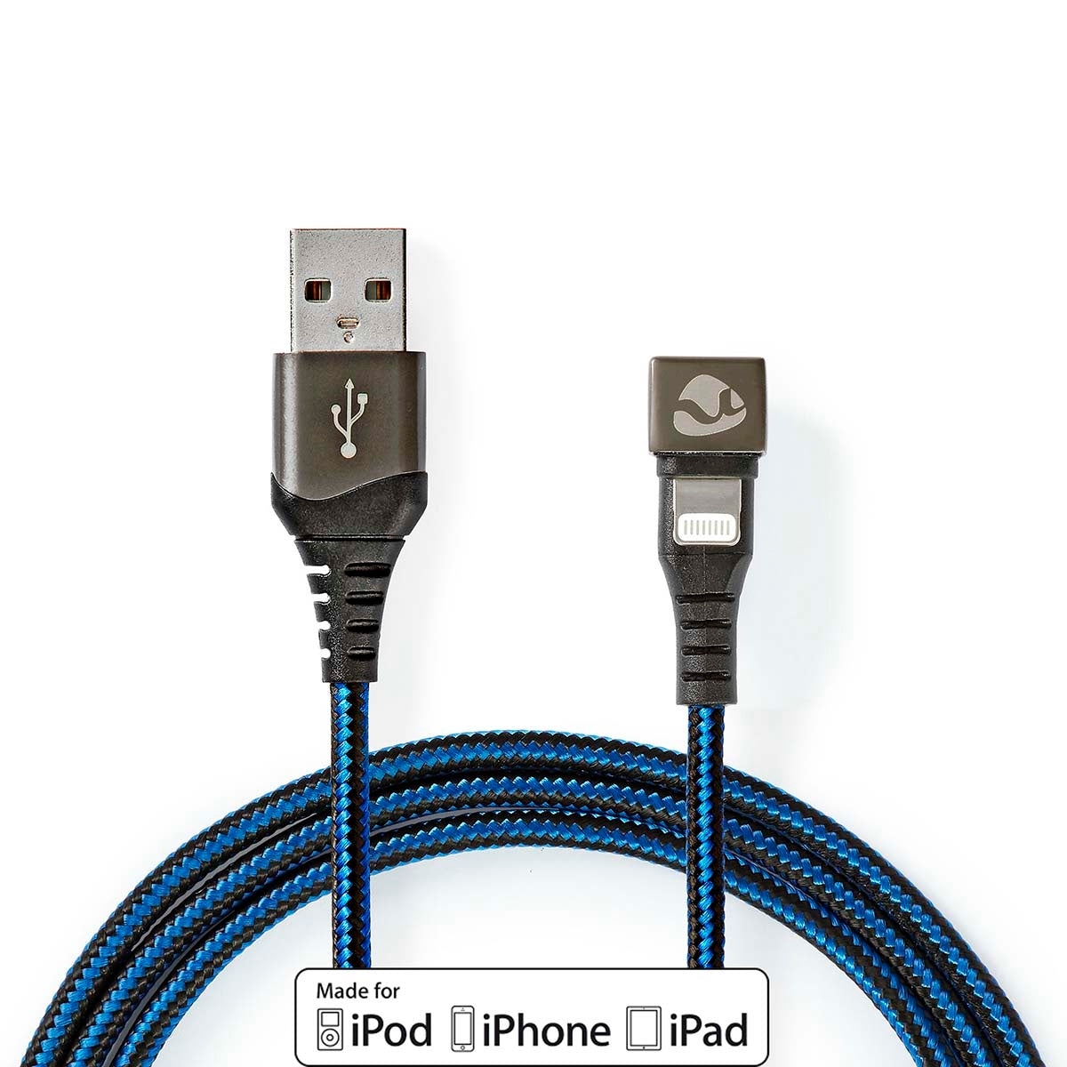 USB cable | USB 2.0 | Apple Lightning, 8-pin | USB-A Male | 12 W| 480 Mbps | Nickel Plated | 2.00 m | Round | Braided / Nylon | Blue / Black | Carton with covered window