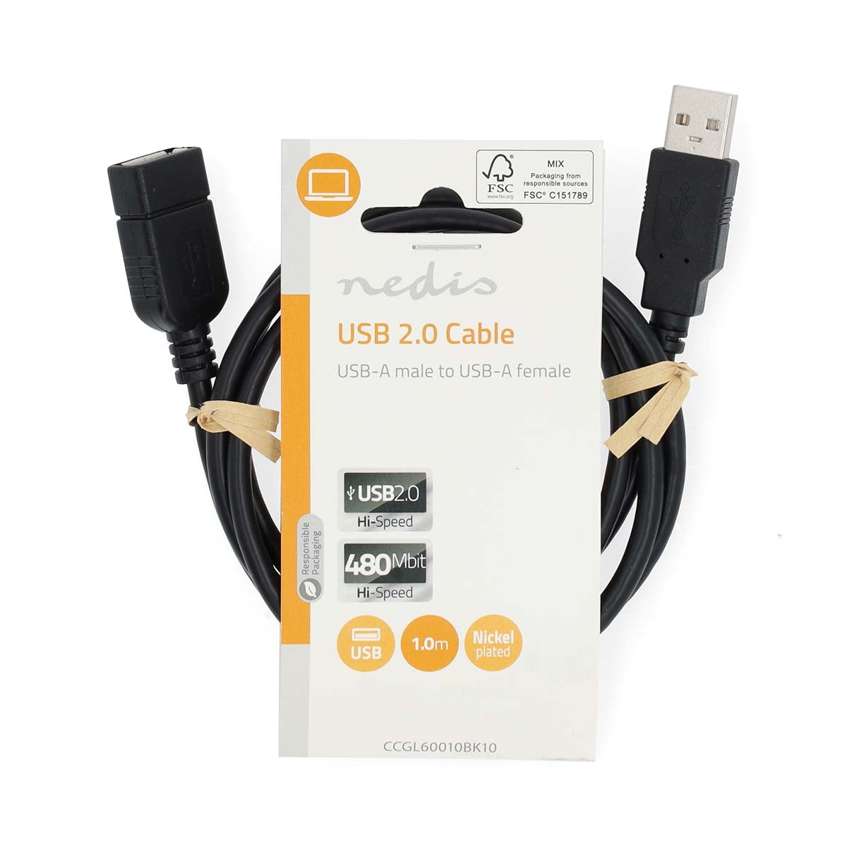 USB cable | USB 2.0 | USB-A Male | USB-A Female | 480 Mbps | Nickel Plated | 1.00 m | Round | PVC | Black | Label
