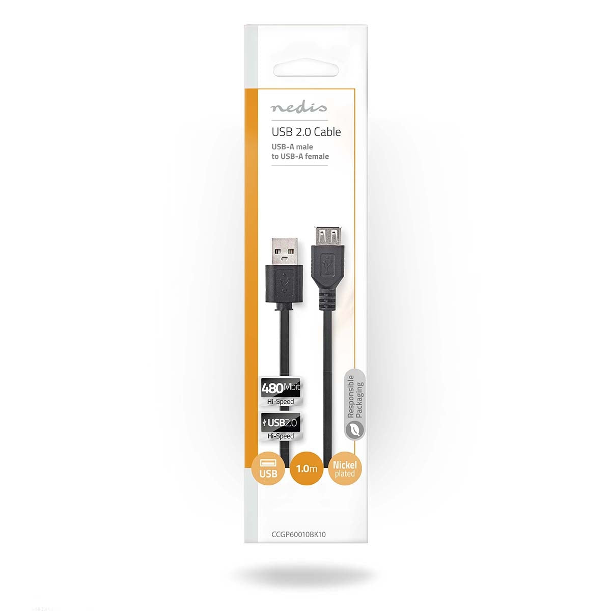 USB cable | USB 2.0 | USB-A Male | USB-A Female | 480 Mbps | Nickel Plated | 1.00 m | Round | PVC | Black | Plastic bag