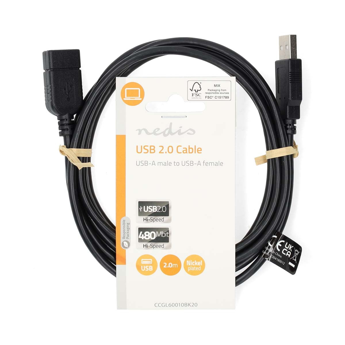 USB cable | USB 2.0 | USB-A Male | USB-A Female | 480 Mbps | Nickel Plated | 2.00 m | Round | PVC | Black | Label