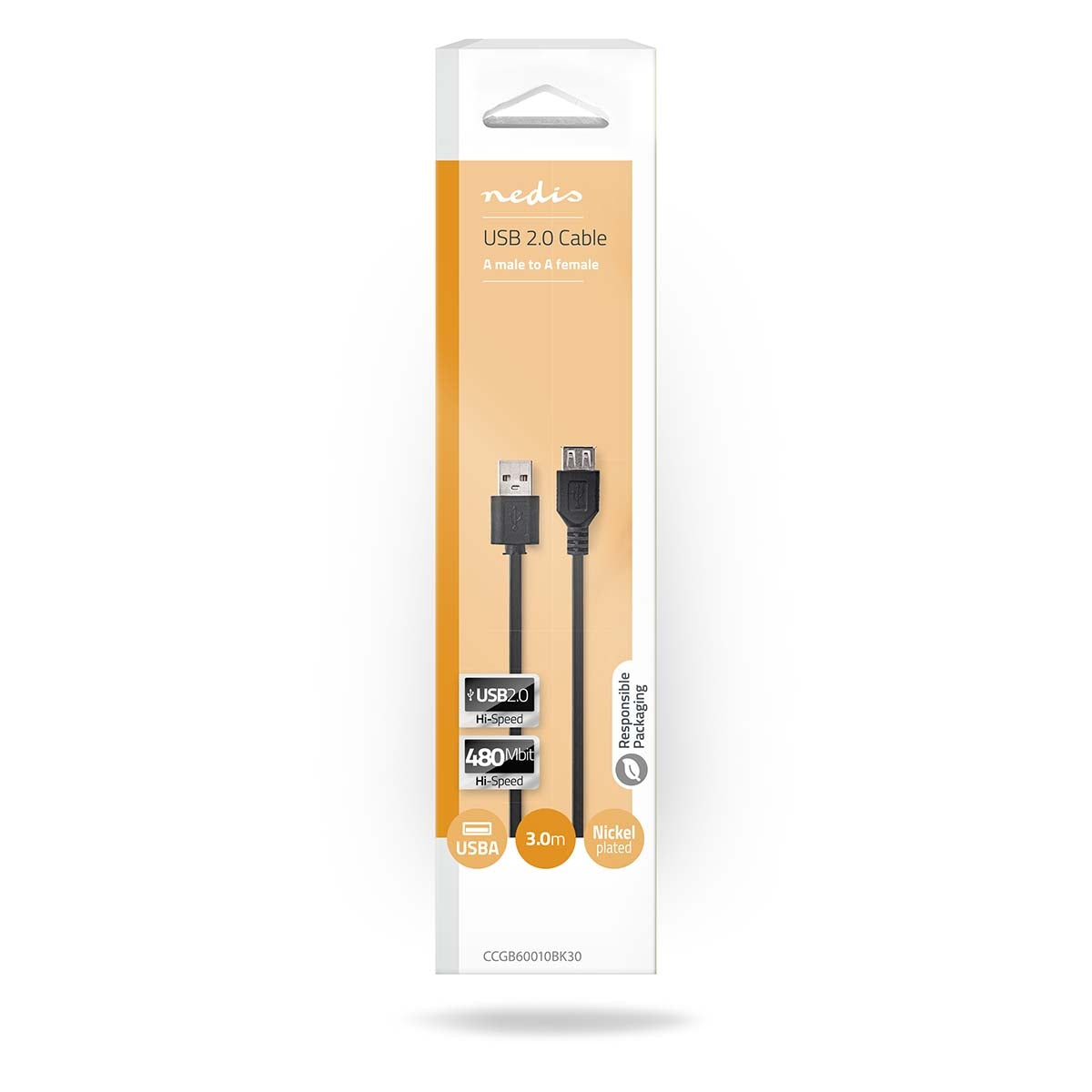 USB cable | USB 2.0 | USB-A Male | USB-A Female | 480 Mbps | Nickel Plated | 3.00 m | Round | PVC | Black | Box