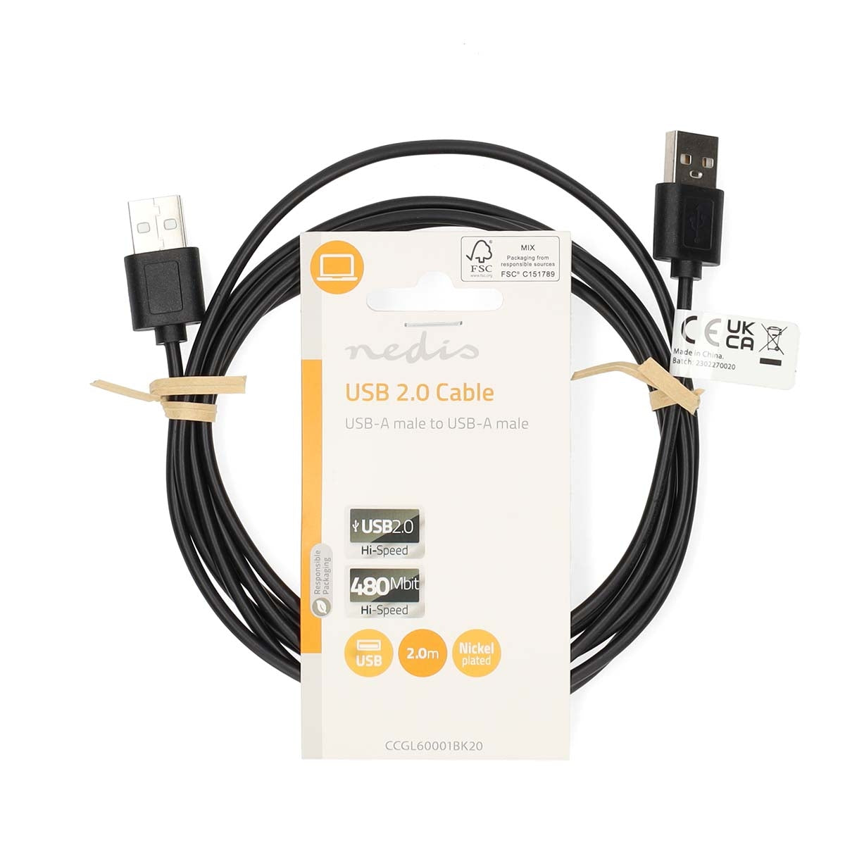 USB cable | USB 2.0 | USB-A Male | USB-A Male | 480 Mbps | Nickel Plated | 2.00 m | Round | PVC | Black | Label