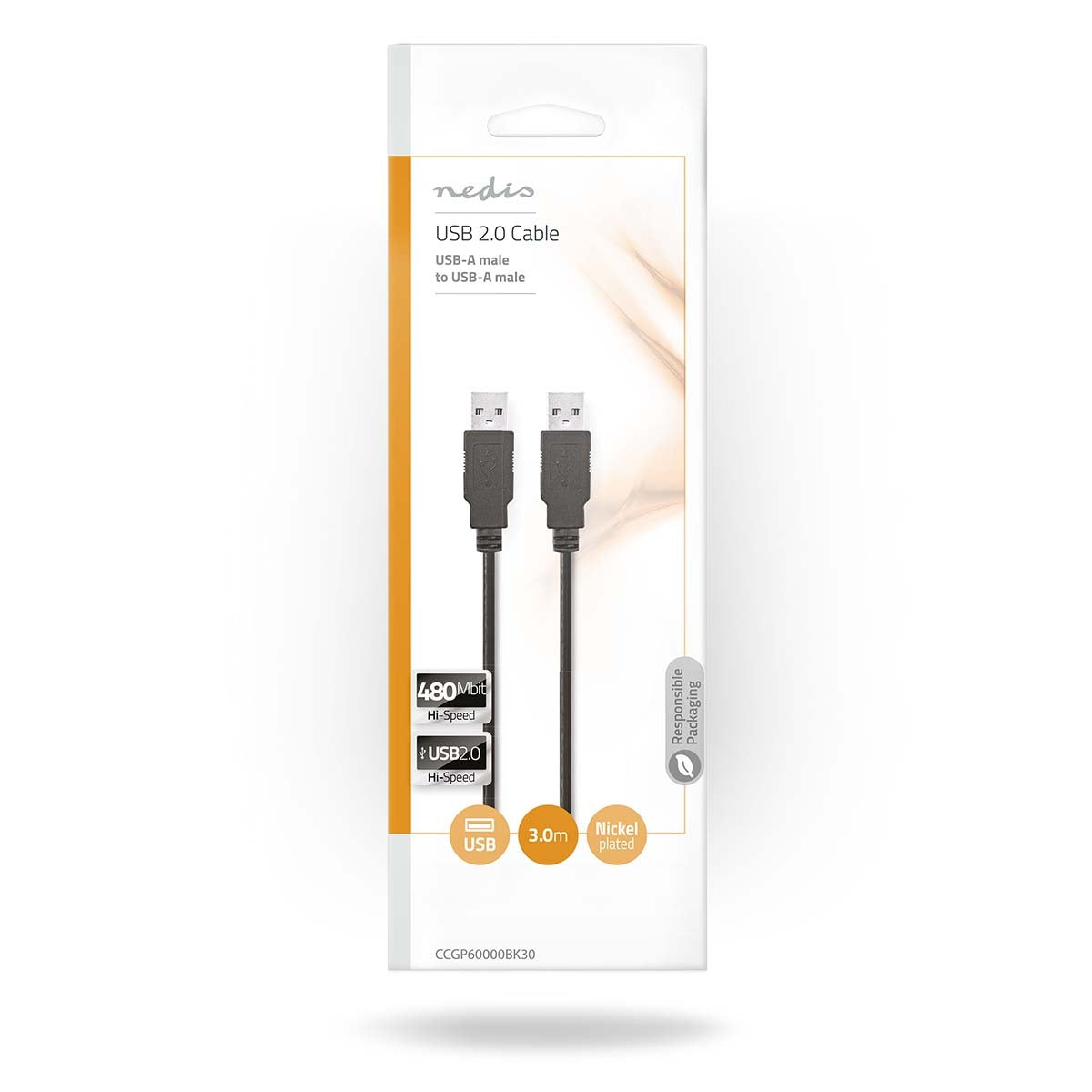 USB cable | USB 2.0 | USB-A Male | USB-A Male | 480 Mbps | Nickel Plated | 3.00 m | Round | PVC | Black | Envelope