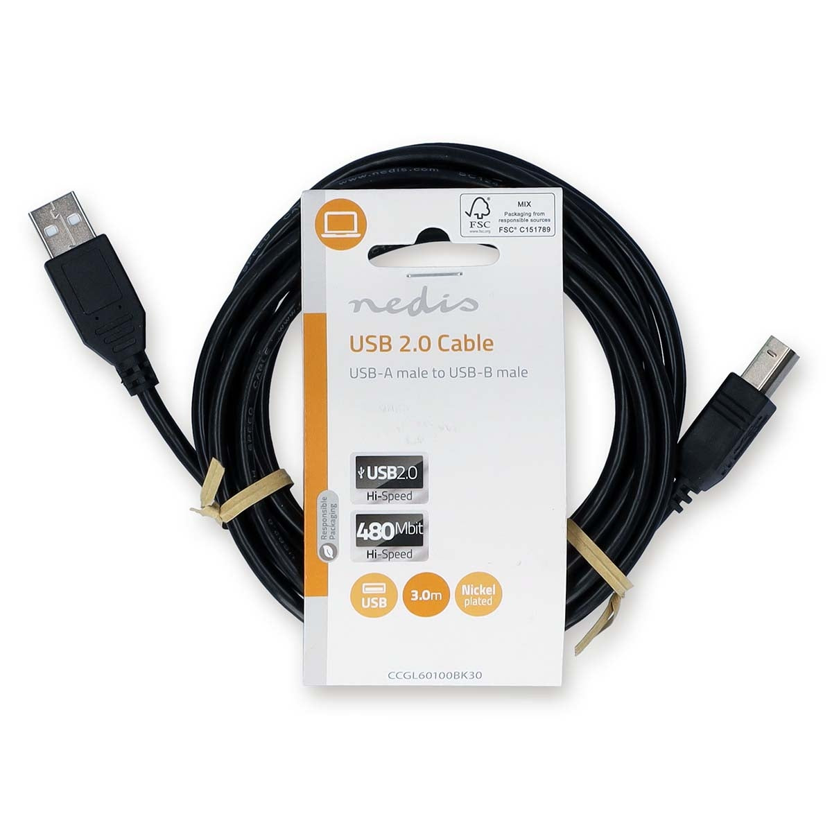USB cable | USB 2.0 | USB-A Male | USB-B Male | 10 W| 480 Mbps | Nickel Plated | 3.00 m | Round | PVC | Black | Label