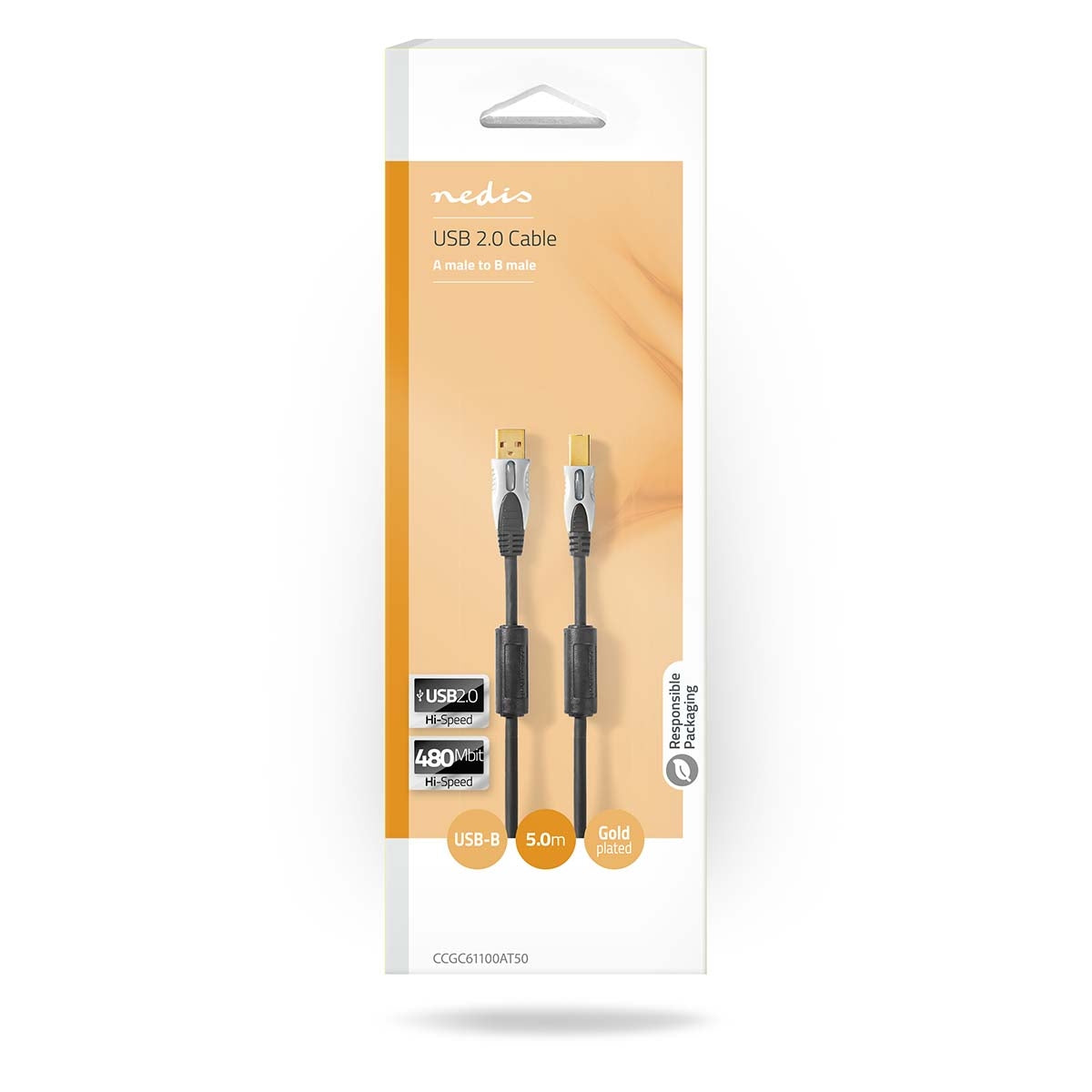 USB cable | USB 2.0 | USB-A Male | USB-B Male | 2.5 W| 480 Mbps | Gold Plated | 5.00 m | Round | PVC | Anthracite | Box