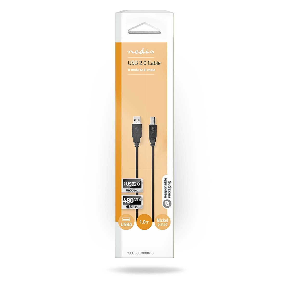 USB cable | USB 2.0 | USB-A Male | USB-B Male | 480 Mbps | Nickel plated | 1.00 m | Round | PVC | Black | Box