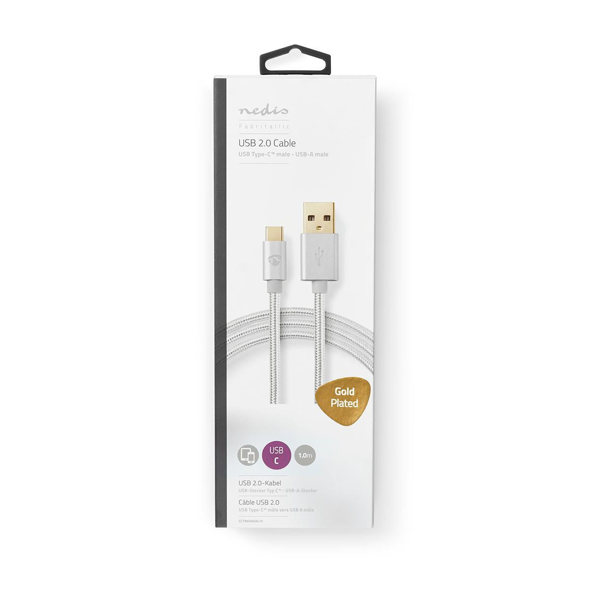 USB cable | USB 2.0 | USB-A Male | USB-C™ Male | 15 W| 480 Mbps | Gold Plated | 1.00 m | Round | Braided / Nylon | Aluminum | Carton with covered window