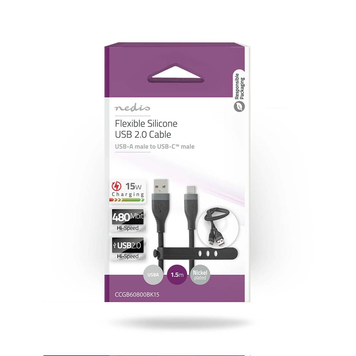USB cable | USB 2.0 | USB-A Male | USB-C™ Male | 15 W| 480 Mbps | Nickel Plated | 1.50 m | Round | Silicone | Black | Box