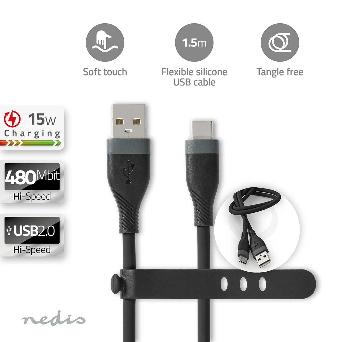 USB cable | USB 2.0 | USB-A Male | USB-C™ Male | 15 W| 480 Mbps | Nickel Plated | 1.50 m | Round | Silicone | Black | Box