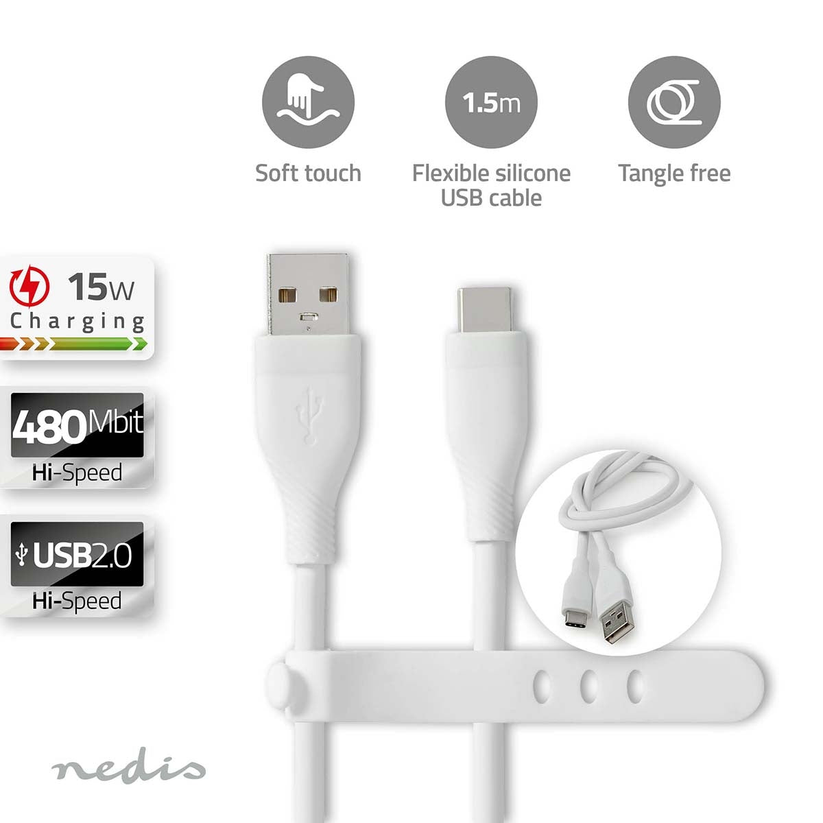USB cable | USB 2.0 | USB-A Male | USB-C™ Male | 15 W| 480 Mbps | Nickel Plated | 1.50 m | Round | Silicone | White | Box