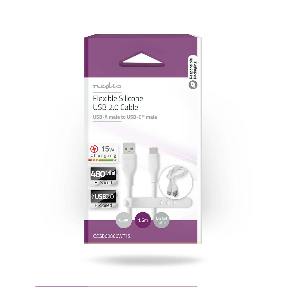 USB cable | USB 2.0 | USB-A Male | USB-C™ Male | 15 W| 480 Mbps | Nickel Plated | 1.50 m | Round | Silicone | White | Box
