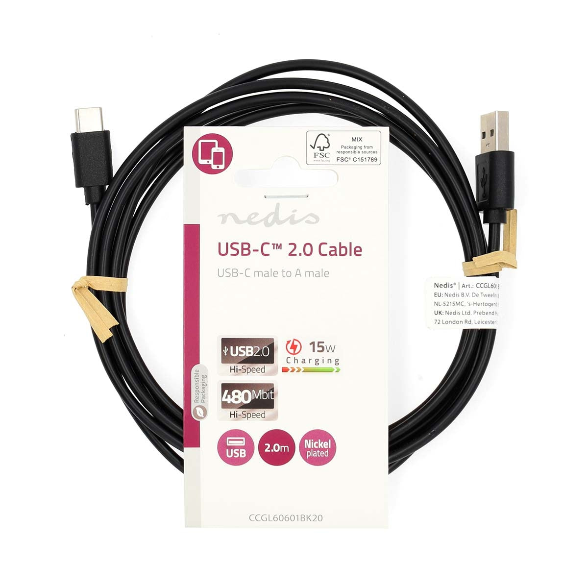 USB cable | USB 2.0 | USB-A Male | USB-C™ Male | 2.5 W| 480 Mbps | Nickel Plated | 2.00 m | Round | PVC | Black | Label