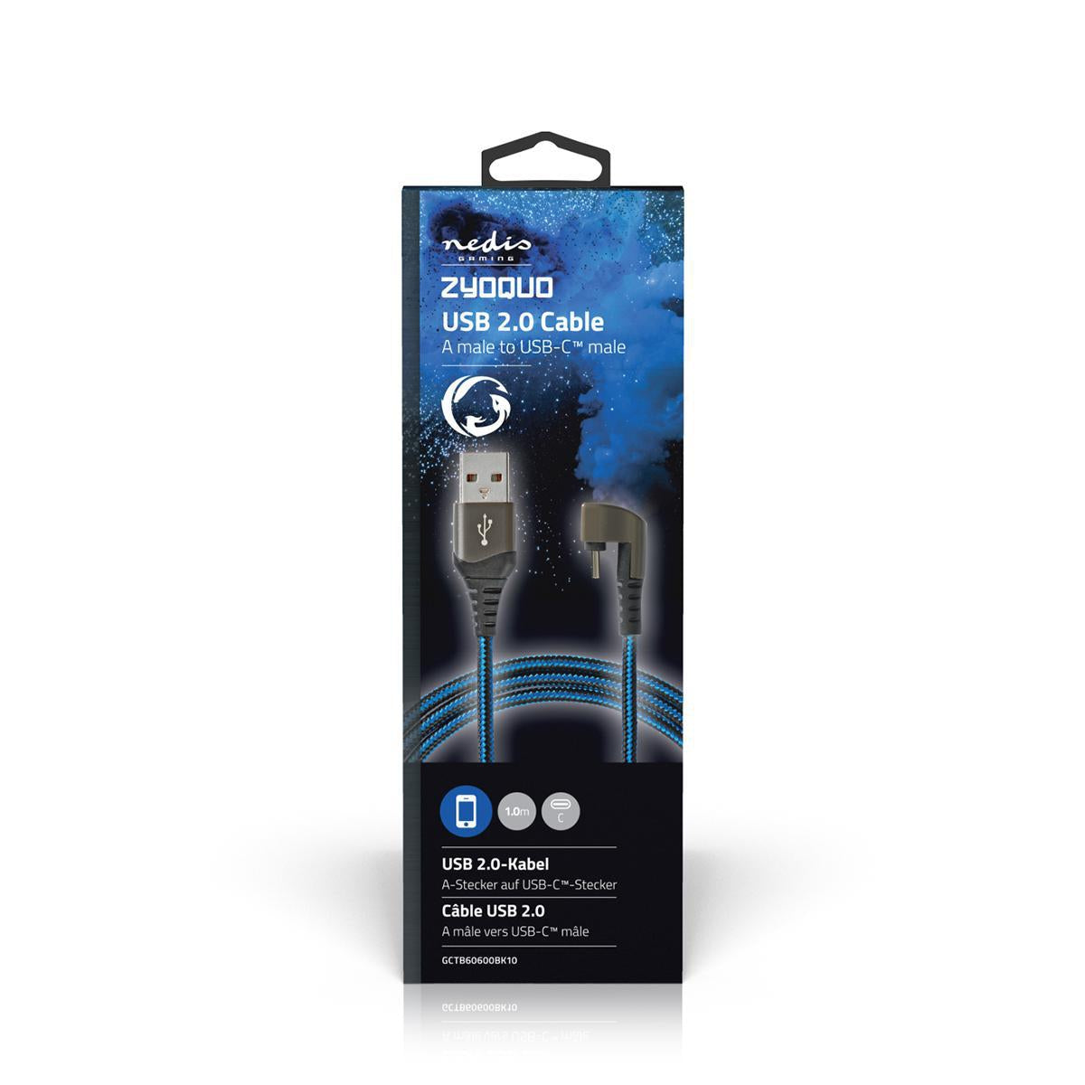 USB cable | USB 2.0 | USB-A Male | USB-C™ Male | 480 Mbps | Gold Plated | 1.00 m | Round | Braided / Nylon | Blue / Black | Carton with covered window