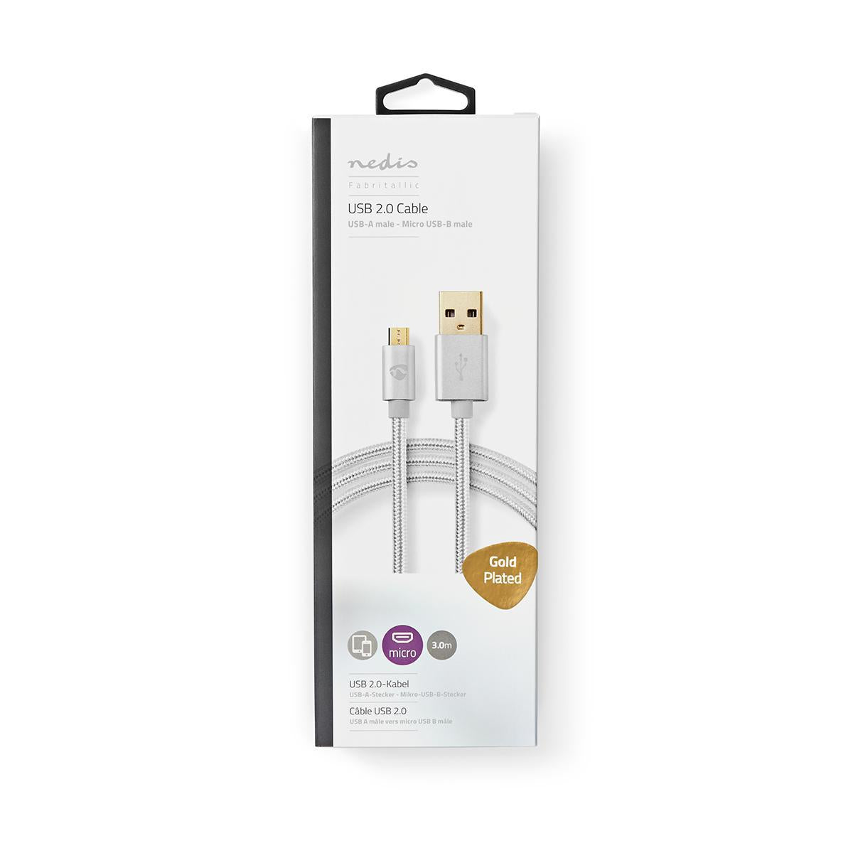 USB cable | USB 2.0 | USB-A Male | USB Micro-B Male | 10 W| 480 Mbps | Gold Plated | 3.00 m | Round | Braided / Nylon | Aluminum | Carton with covered window