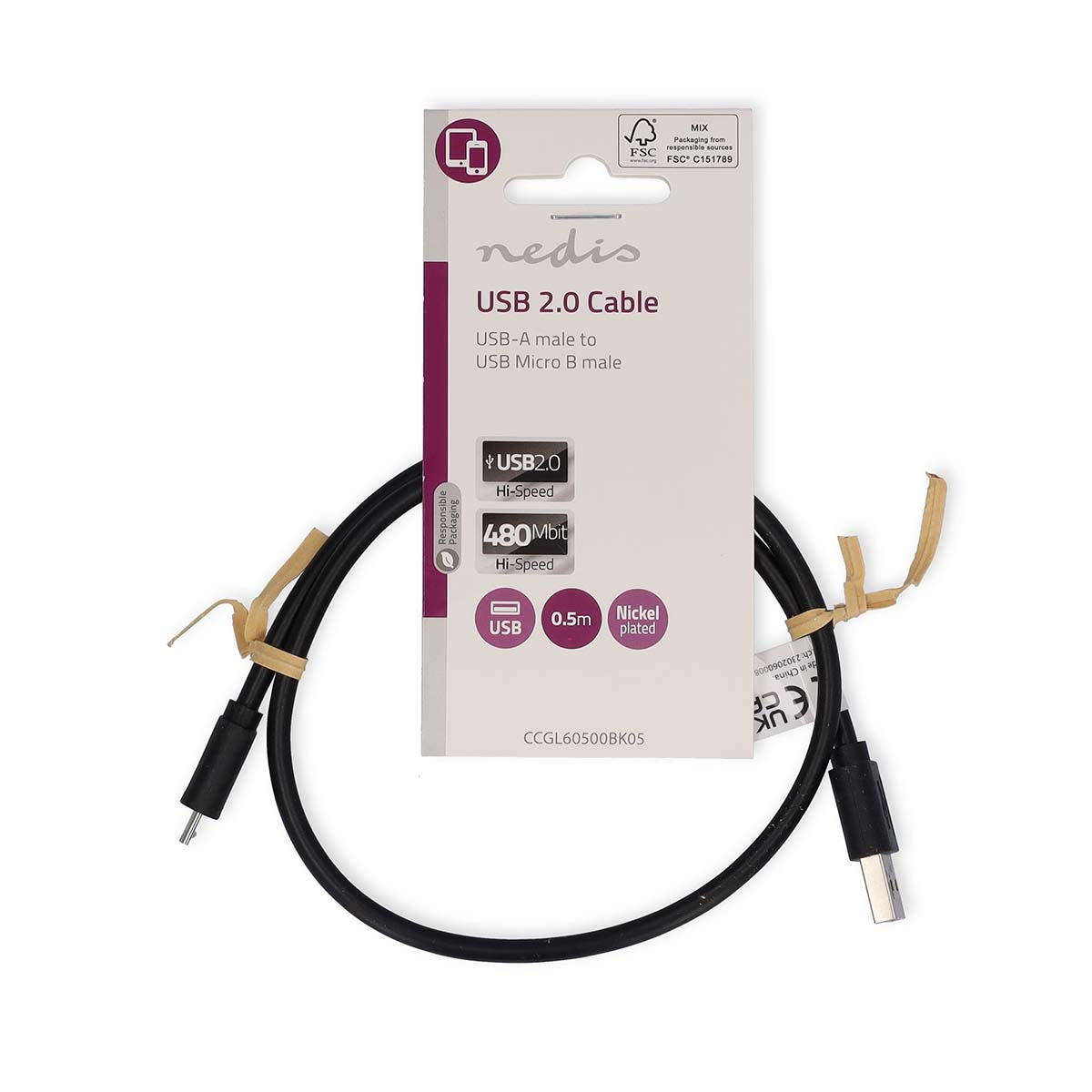 USB cable | USB 2.0 | USB-A Male | USB Micro-B Male | 10 W| 480 Mbps | Nickel Plated | 0.50 m | Round | PVC | Black | Label