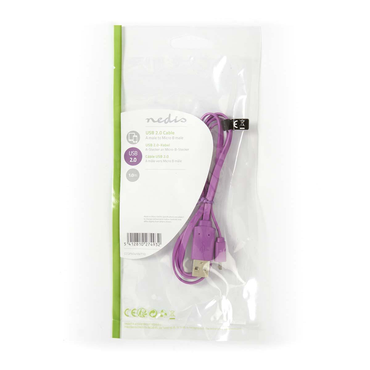USB cable | USB 2.0 | USB-A Male | USB Micro-B Male | 2.5 W| 480 Mbps | Nickel Plated | 1.00 m | Flat | PVC | Violet | Plastic bag