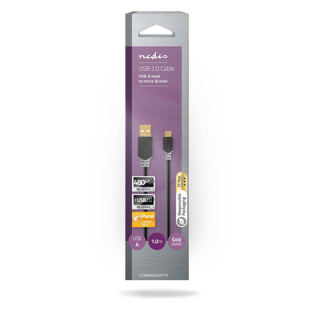 USB cable | USB 2.0 | USB-A Male | USB Micro-B Male | 480 Mbps | Gold Plated | 1.00 m | Round | PVC | Anthracite | Box