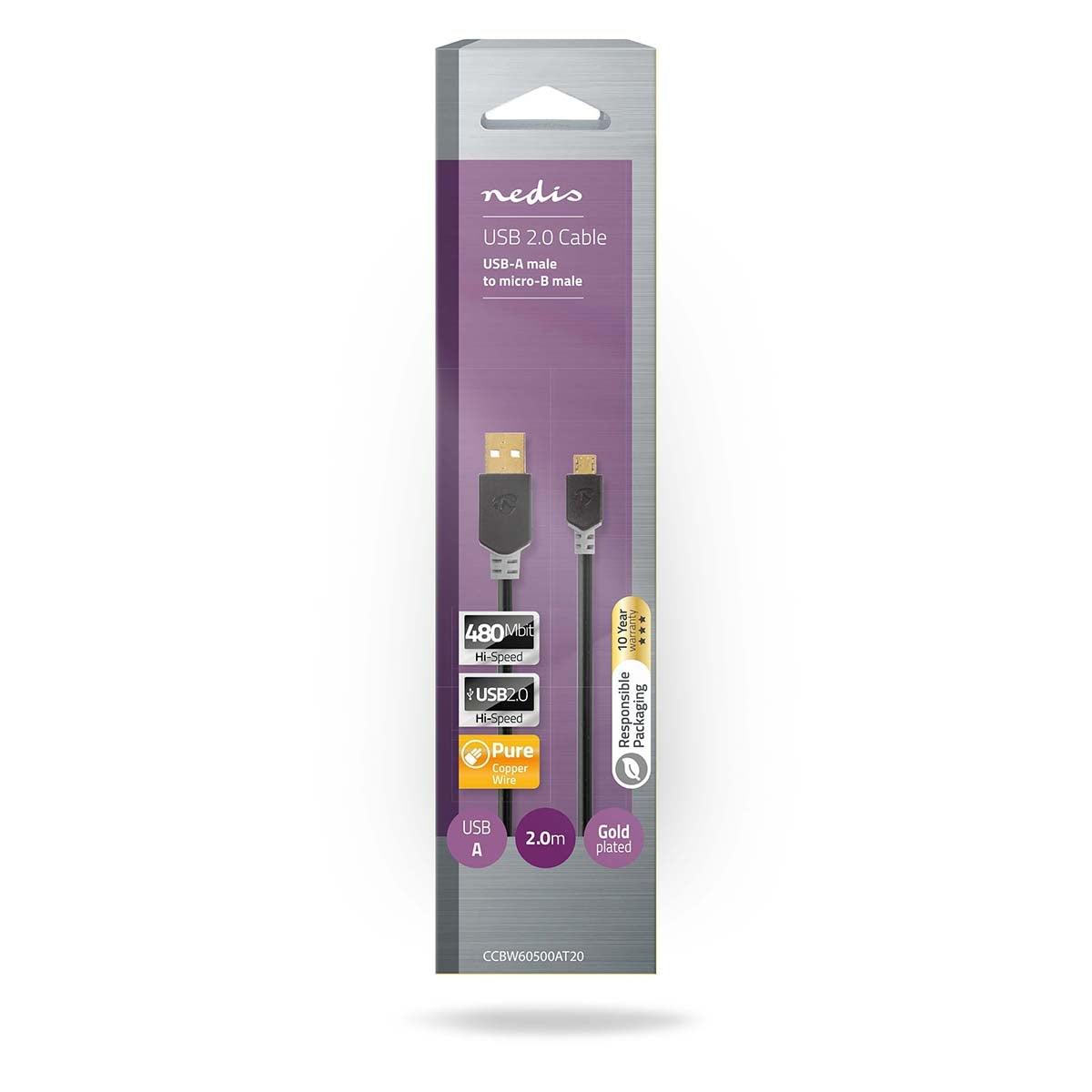 USB cable | USB 2.0 | USB-A Male | USB Micro-B Male | 480 Mbps | Gold Plated | 2.00 m | Round | PVC | Anthracite | Box