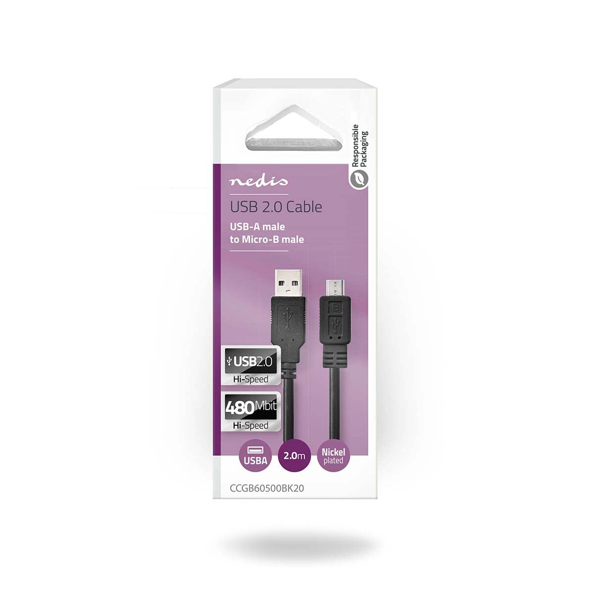 USB cable | USB 2.0 | USB-A Male | USB Micro-B Male | 480 Mbps | Nickel Plated | 2.00 m | Round | PVC | Black | Box