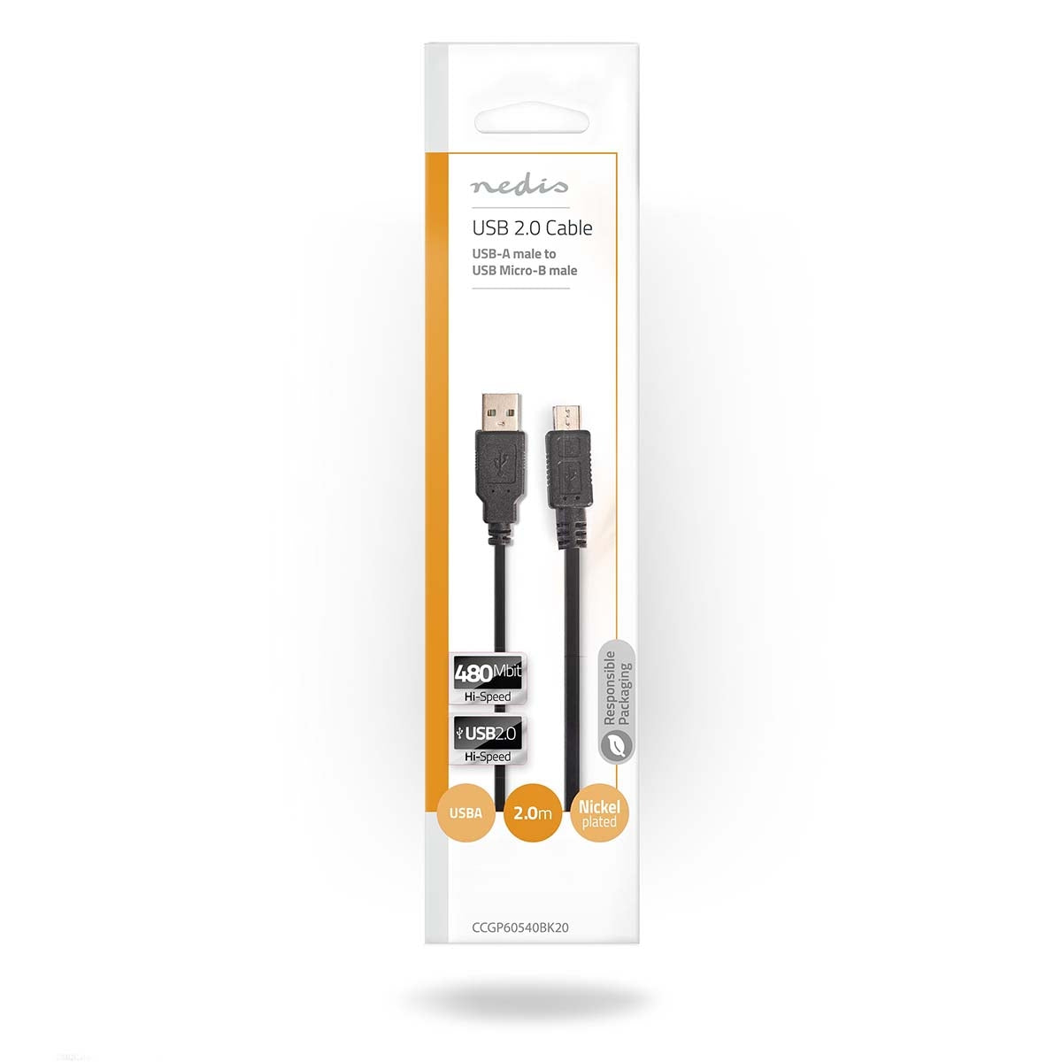 USB cable | USB 2.0 | USB-A Male | USB Micro-B Male | 480 Mbps | Nickel Plated | 2.00 m | Wrapped | PVC | Black | Envelope