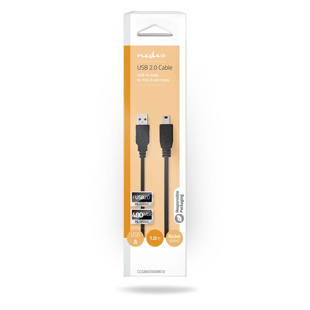 USB cable | USB 2.0 | USB-A Male | USB Mini-B 5 pin Male | 480 Mbps | Nickel Plated | 1.00 m | Round | PVC | Black | Box