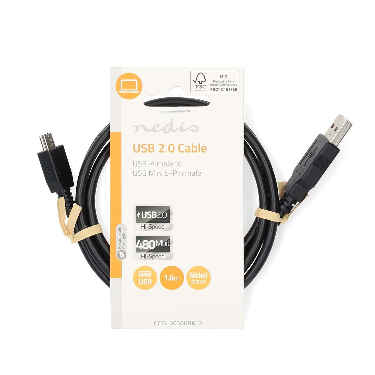 USB cable | USB 2.0 | USB-A Male | USB Mini-B 5 pin Male | 480 Mbps | Nickel Plated | 1.00 m | Round | PVC | Black | Label