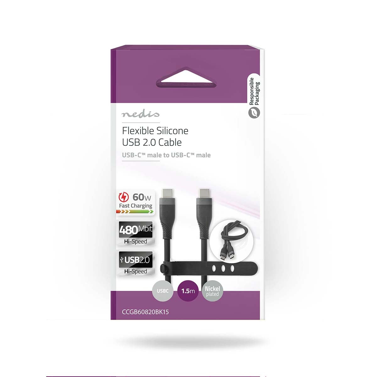 USB cable | USB 2.0 | USB-C™ Male | USB-C™ Male | 60 W | 480 Mbps | Nickel Plated | 1.50 m | Round | Silicone | Black | Box