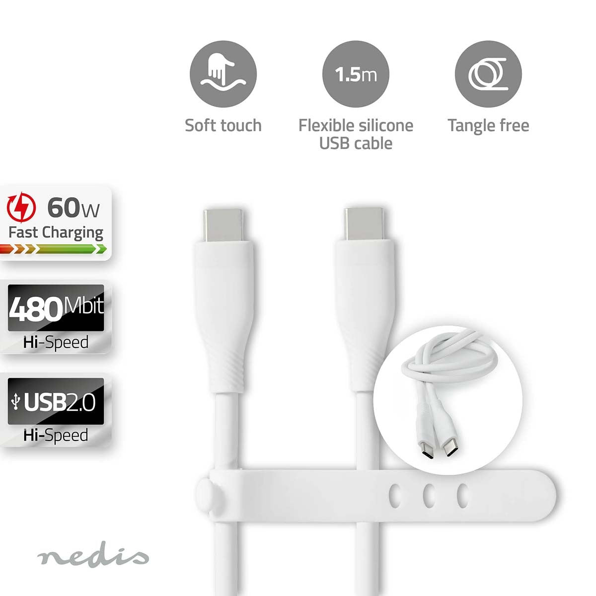 USB cable | USB 2.0 | USB-C™ Male | USB-C™ Male | 60 W | 480 Mbps | Nickel Plated | 1.50 m | Round | Silicone | White | Box