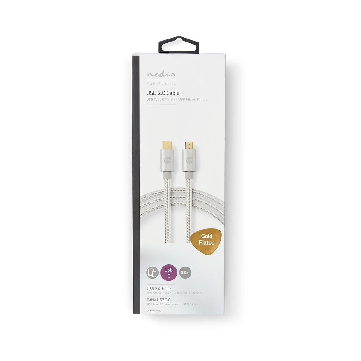 USB cable | USB 2.0 | USB-C™ Male | USB Micro-B Male | 10 W| 480 Mbps | Gold Plated | 3.00 m | Round | Braided / Nylon | Aluminum | Carton with covered window