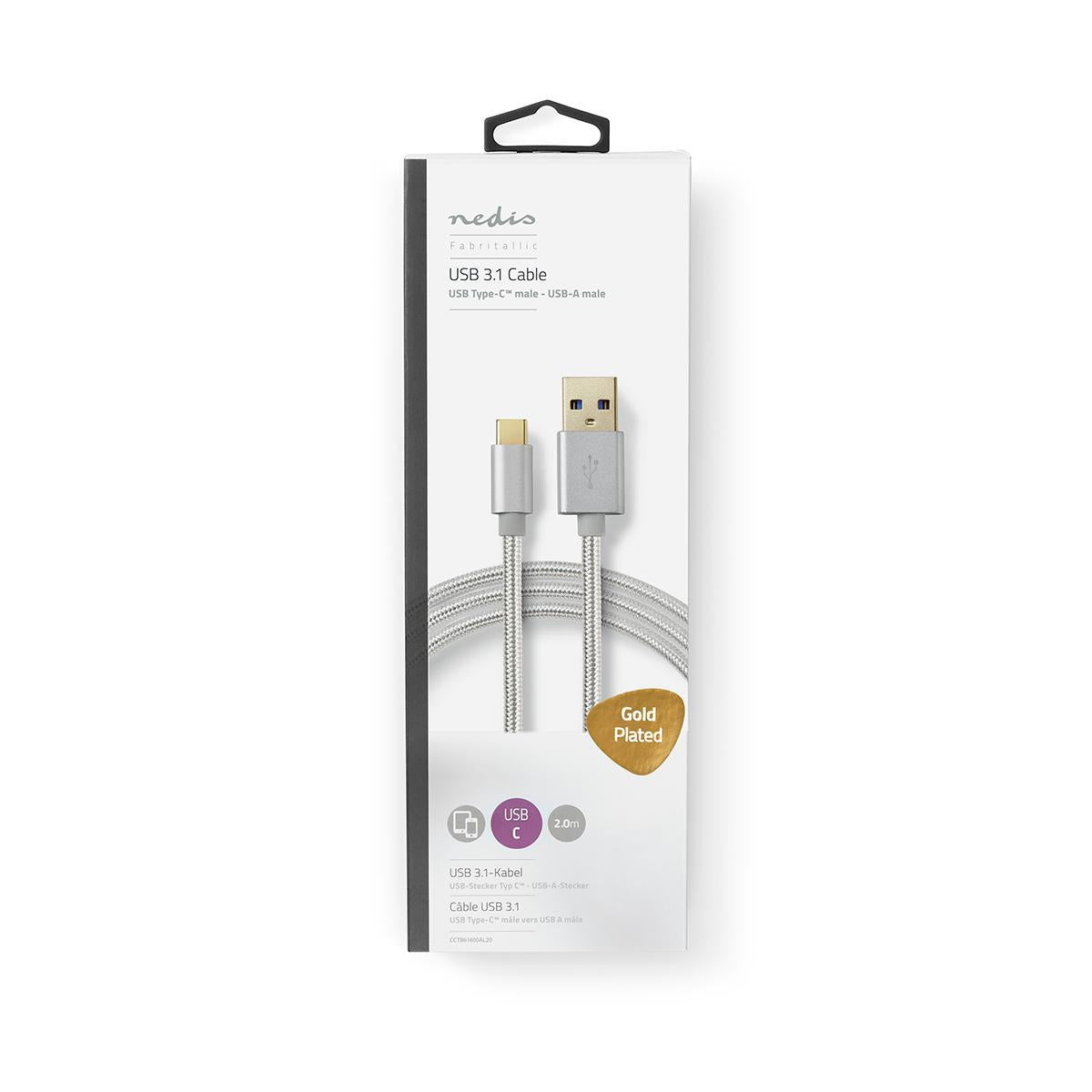 USB cable | USB 3.2 Gen 1 | USB-A Male | USB-C™ Male | 15 W| 5 Gbps | Gold Plated | 2.00 m | Round | Braided / Nylon | Aluminum | Carton with covered window