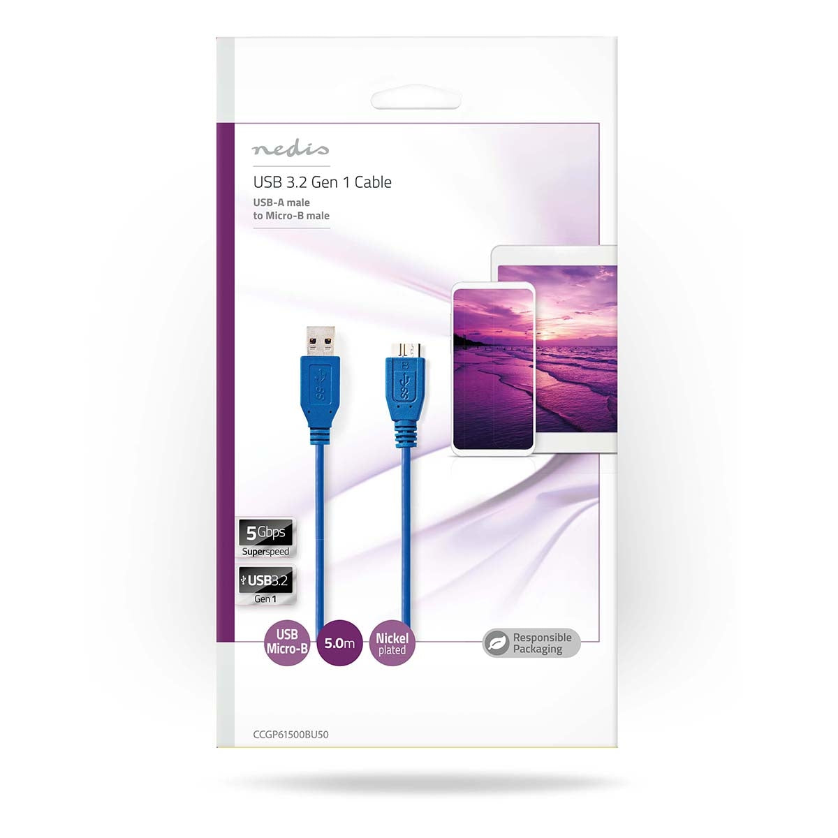 USB cable | USB 3.2 Gen 1 | USB-A Male | USB Micro-B Male | 5 Gbps | Nickel Plated | 5.00 m | Round | PVC | Blue | Plastic bag