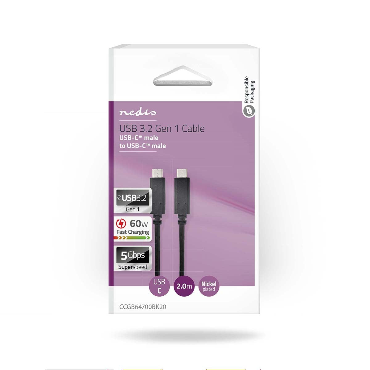 USB cable | USB 3.2 Gen 1 | USB-C™ Male | USB-C™ Male | 60 W | 4K@60Hz | 5 Gbps | Nickel Plated | 2.00 m | Round | PVC | Black | Box