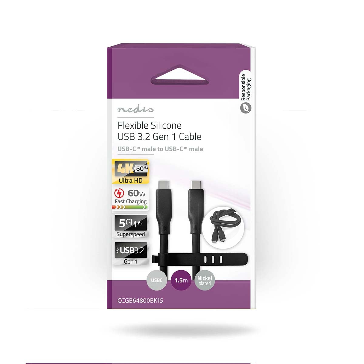 USB cable | USB 3.2 Gen 1 | USB-C™ Male | USB-C™ Male | 60 W | 8K@30Hz | 5 Gbps | Nickel Plated | 1.50 m | Round | Silicone | Black | Box