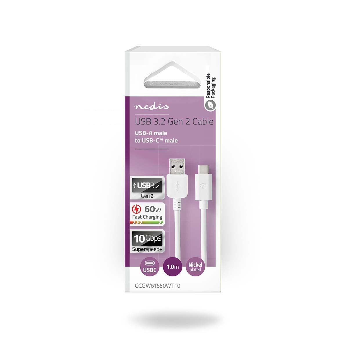 USB cable | USB 3.2 Gen 2 | USB-A Male | USB-C™ Male | 60 W | 10 Gbps | Nickel Plated | 1.00 m | Round | PVC | White | Box
