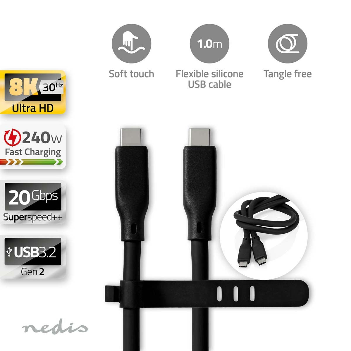 USB cable | USB 3.2 Gen 2 | USB-C™ Male | USB-C™ Male | 240 W | 8K@30Hz | 20 Gbps | Nickel Plated | 1.00 m | Round | Silicone | Black | Box