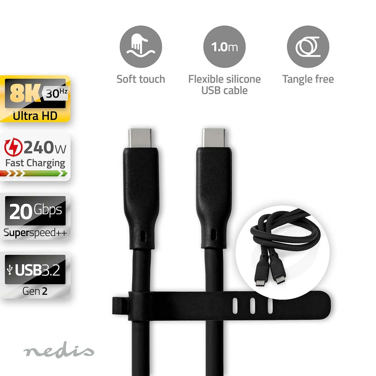 USB cable | USB 3.2 Gen 2 | USB-C™ Male | USB-C™ Male | 240 W | 8K@30Hz | 20 Gbps | Nickel Plated | 1.00 m | Round | Silicone | White | Box