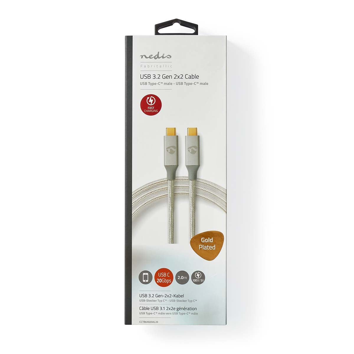 USB cable | USB 3.2 Gen 2x2 | USB-C™ Male | USB-C™ Male | 100 W | 4K@60Hz | 20 Gbps | Gold Plated | 2.00 m | Round | Braided / Nylon | Silver | Carton with covered window