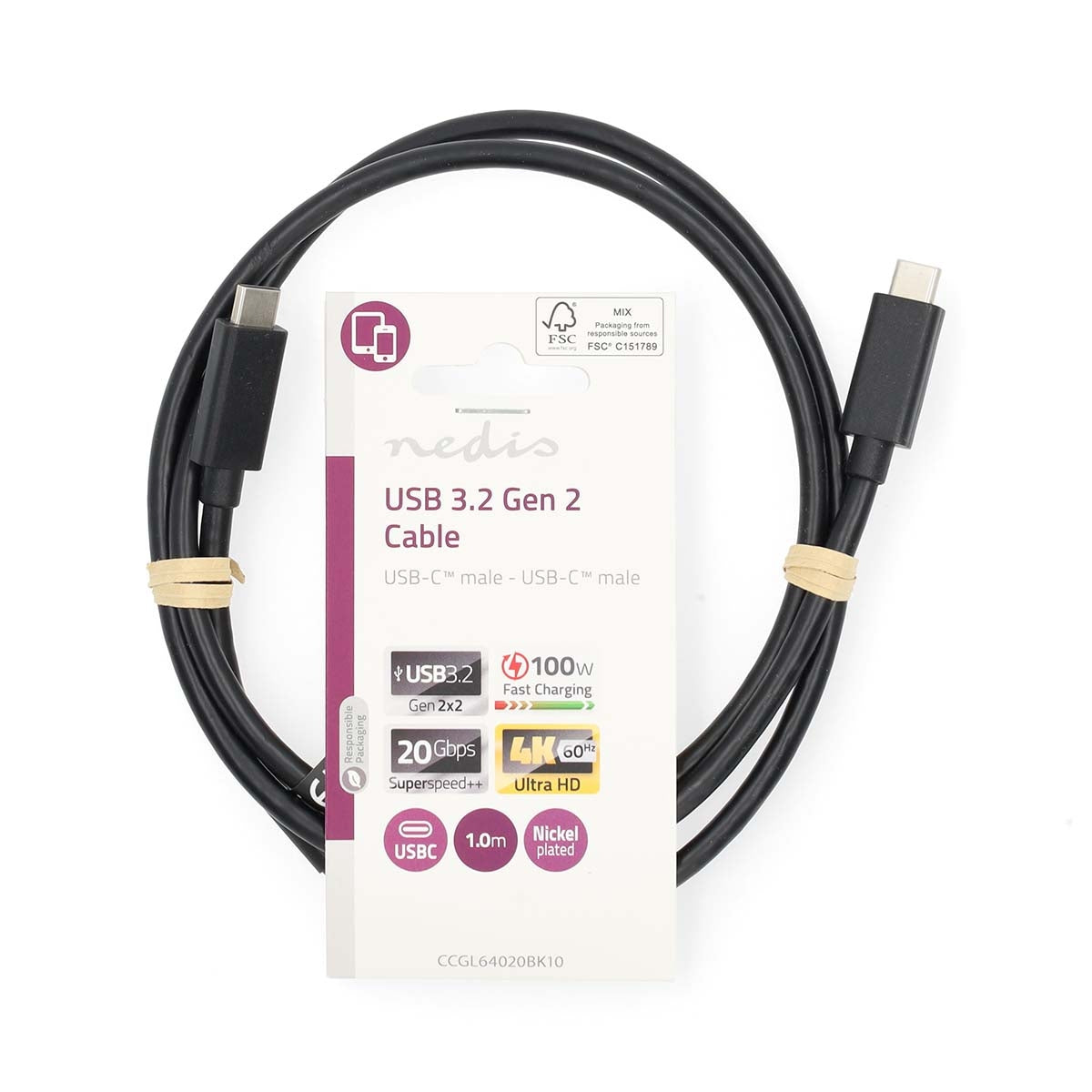USB cable | USB 3.2 Gen 2x2 | USB-C™ Male | USB-C™ Male | 100 W | 4K@60Hz | 20 Gbps | Nickel Plated | 1.00 m | Round | PVC | Black | Label