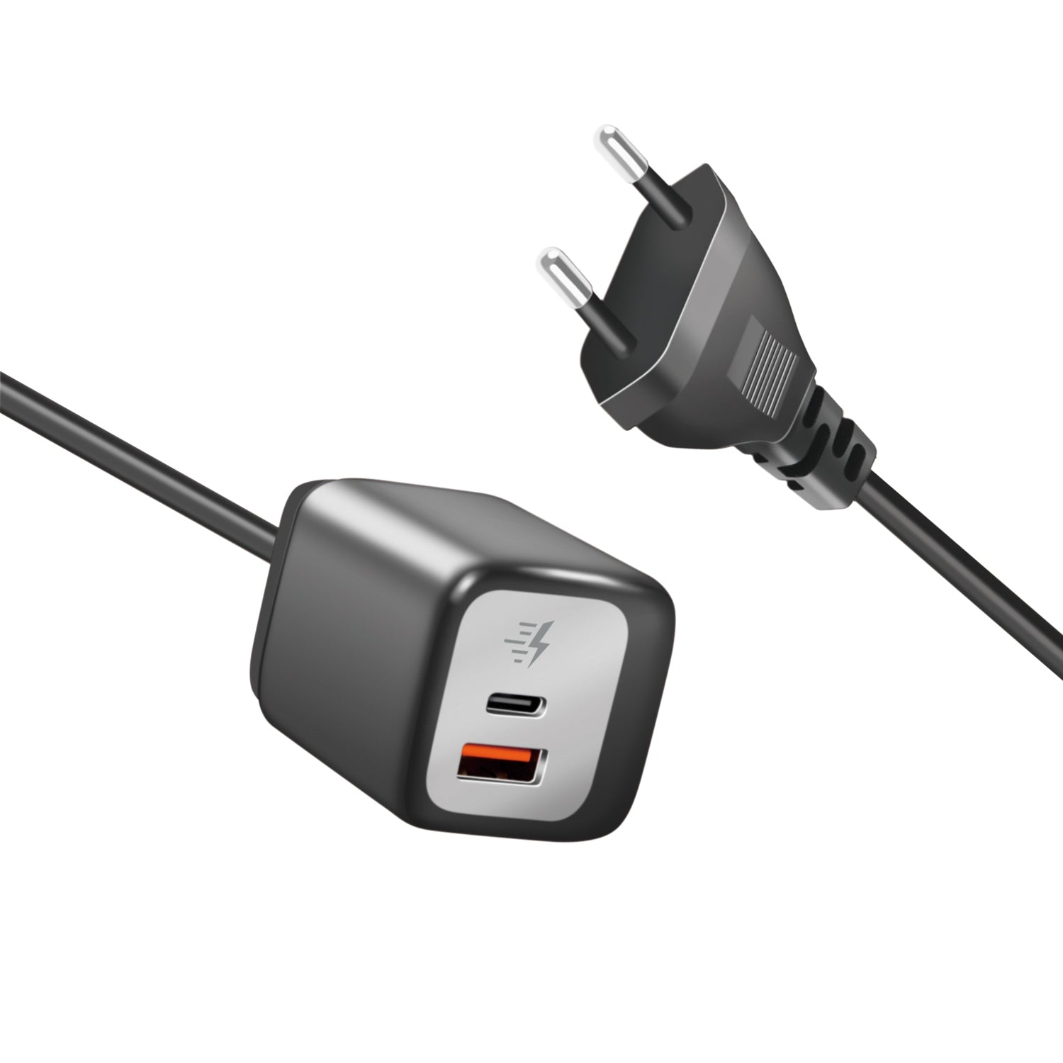 USB charger 1xUSB-A + 1xUSB-C with fixed cable 1.5m GaN 30W