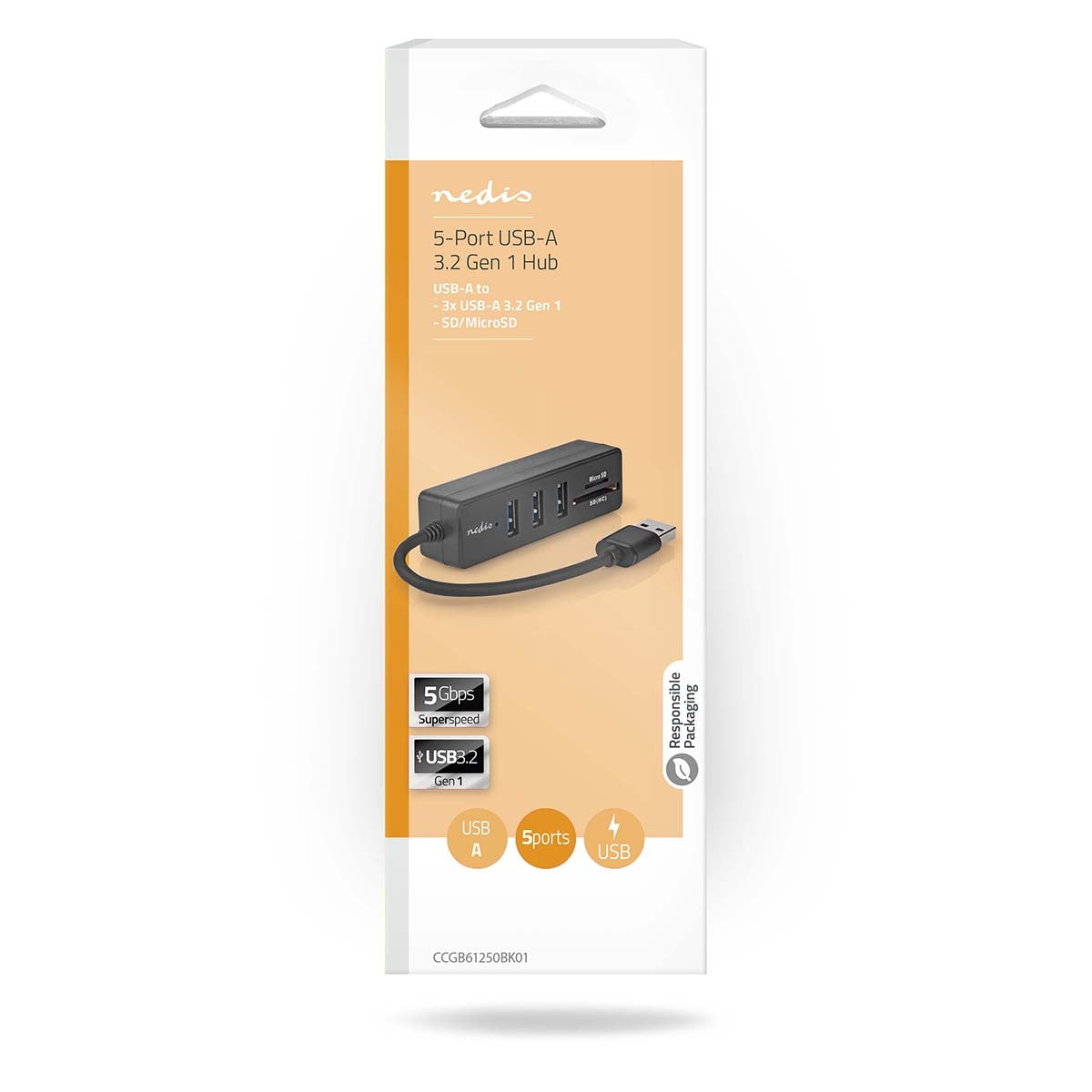 USB hub | USB A Male | 3x USB A female | 5-Port port(s) | USB 3.2 Gen 1 | USB Power | 5 Gbps | SD & MicroSD