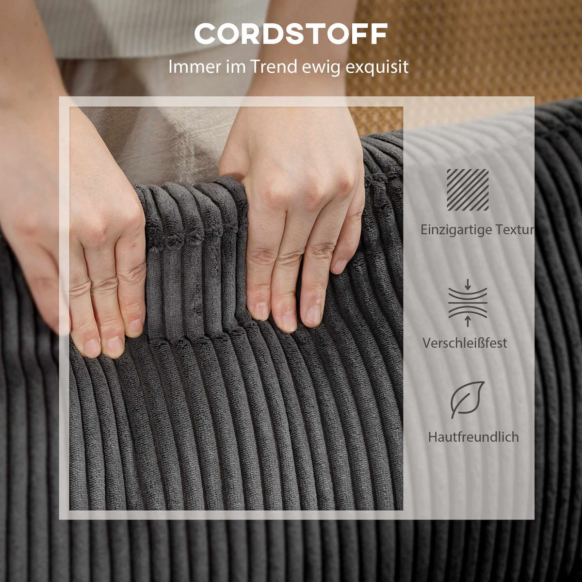U-Shaped Sectional Sofa with Corduroy Fabric, Dark Grey, 292x224 cm